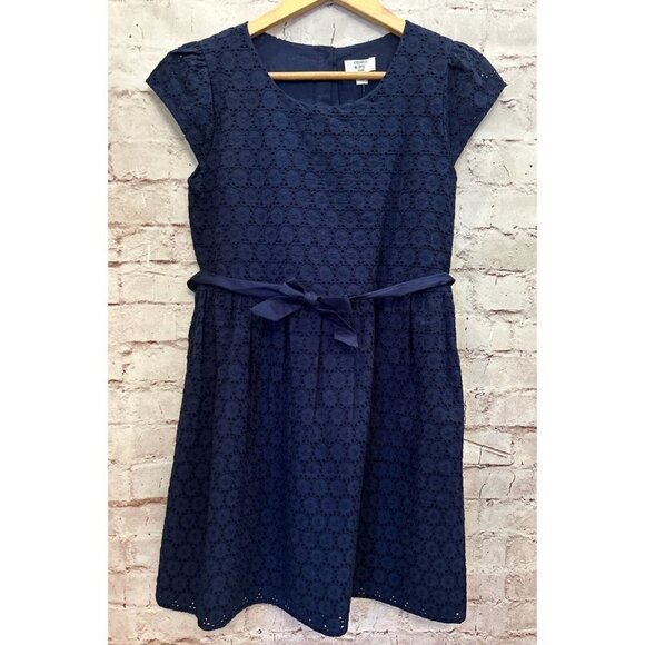 Crown & Ivy Kids Girls Dress Navy Blue Fit & Flare Eyelet Tie Waist Bow Size 16 - Picture 1 of 4